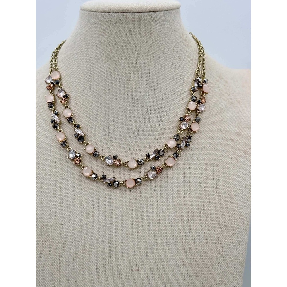 Womens Double Strand Pink Crystal Layered Gold Tone Statement Necklace Elegant